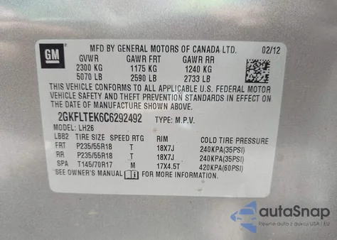 2012 GMC Terrain Sle-2 z USA, uszkodzony, nr VIN 2GKFLTEK6C6292492